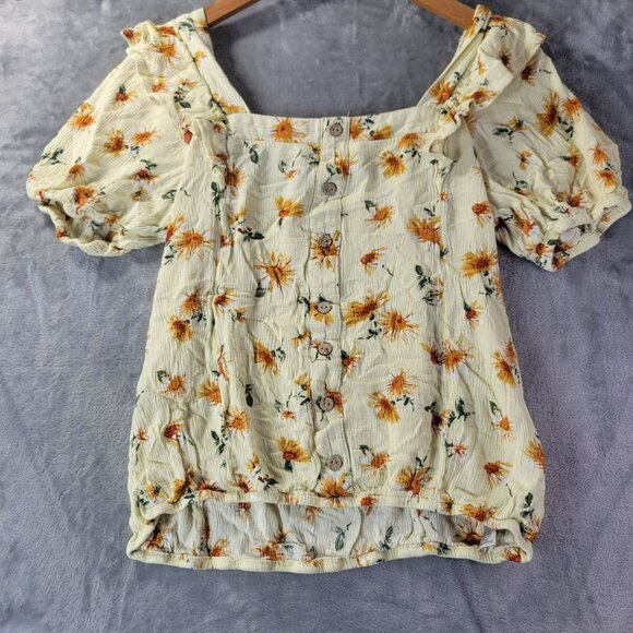 Maurices Womens Smocked Puff Sleeve Floral Square Neck‎ Top S Yellow Cottagecore - Picture 1 of 10